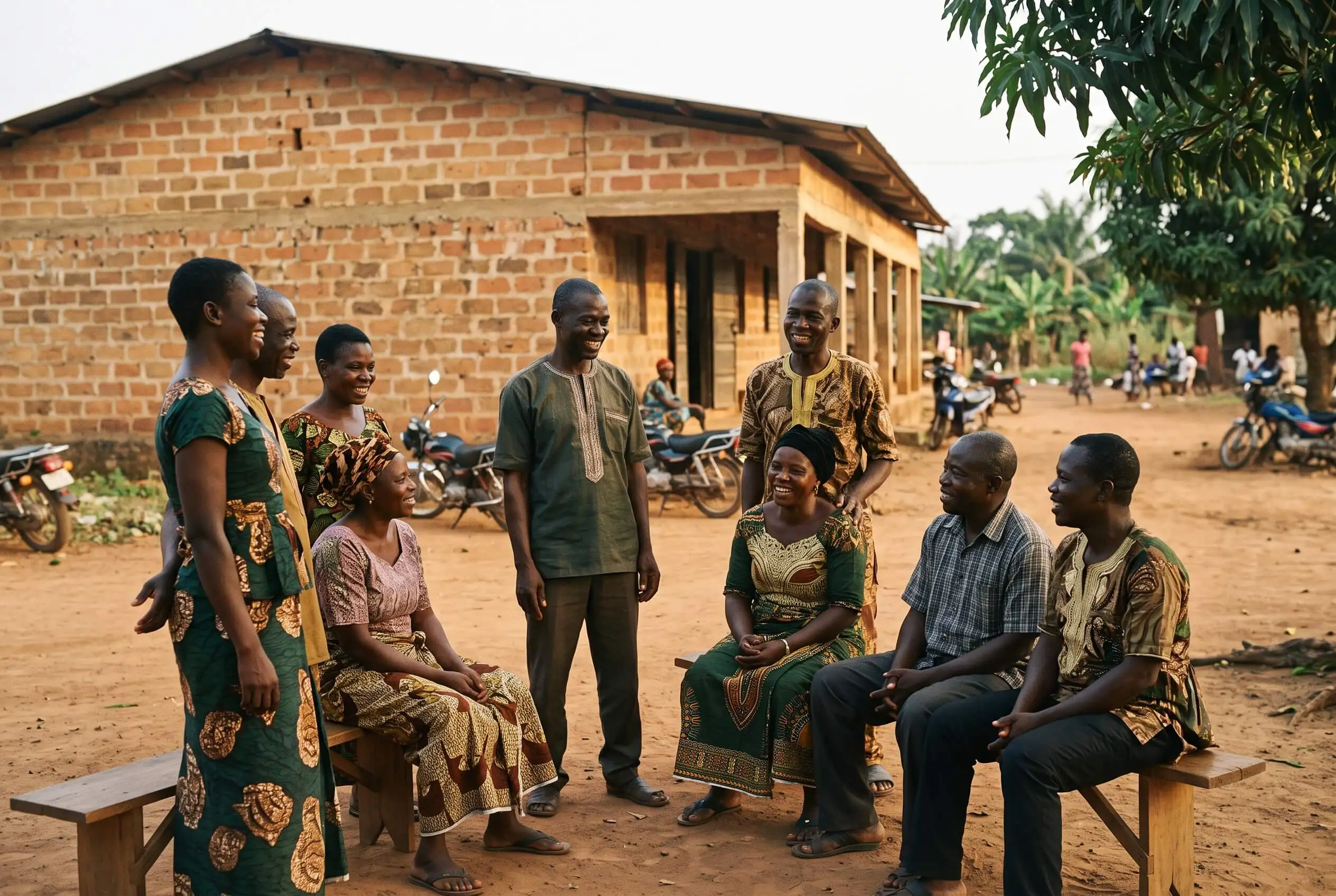Members of the Society standing together outside a community hall
