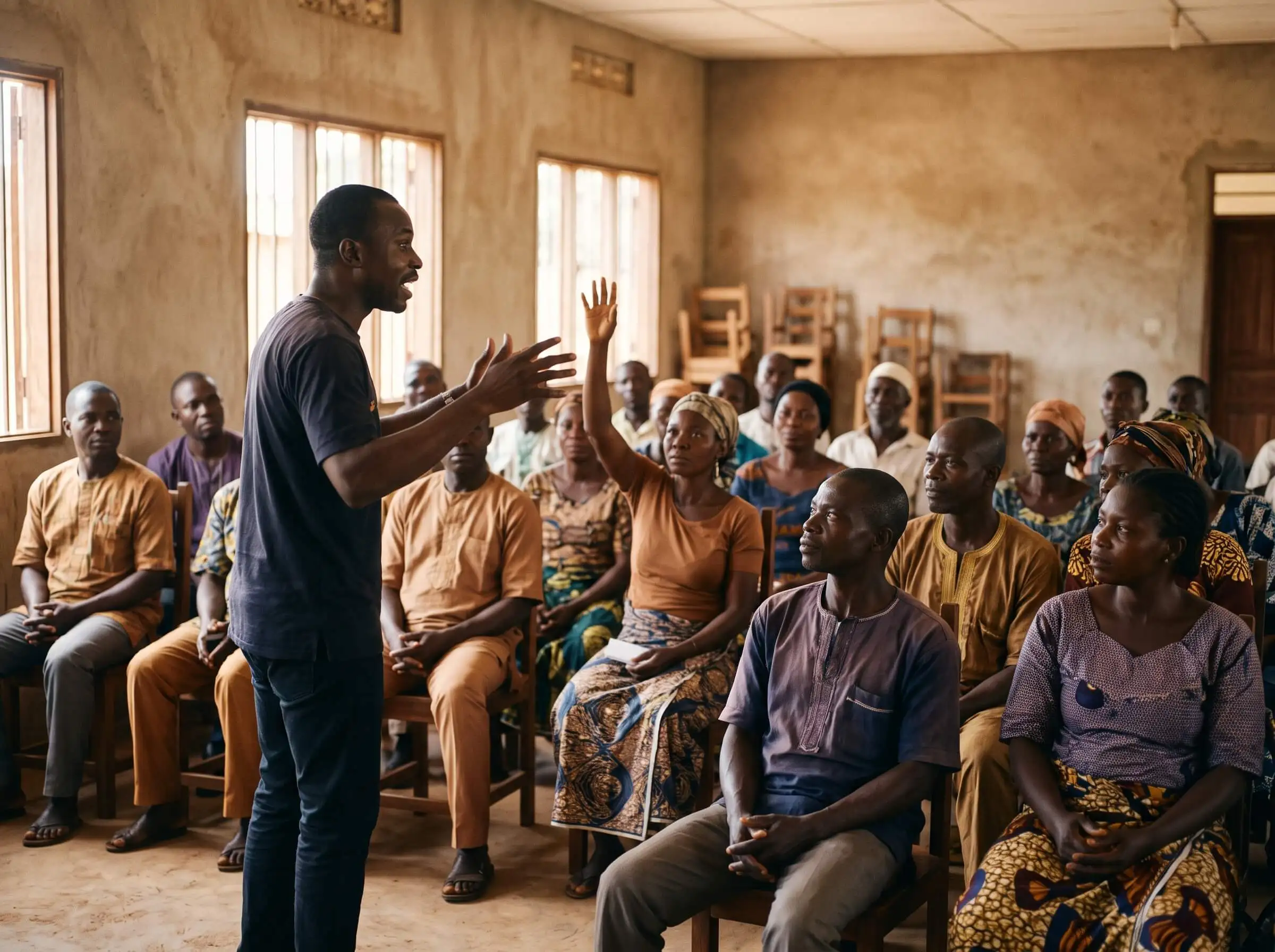 A facilitator addressing members at a community workshop