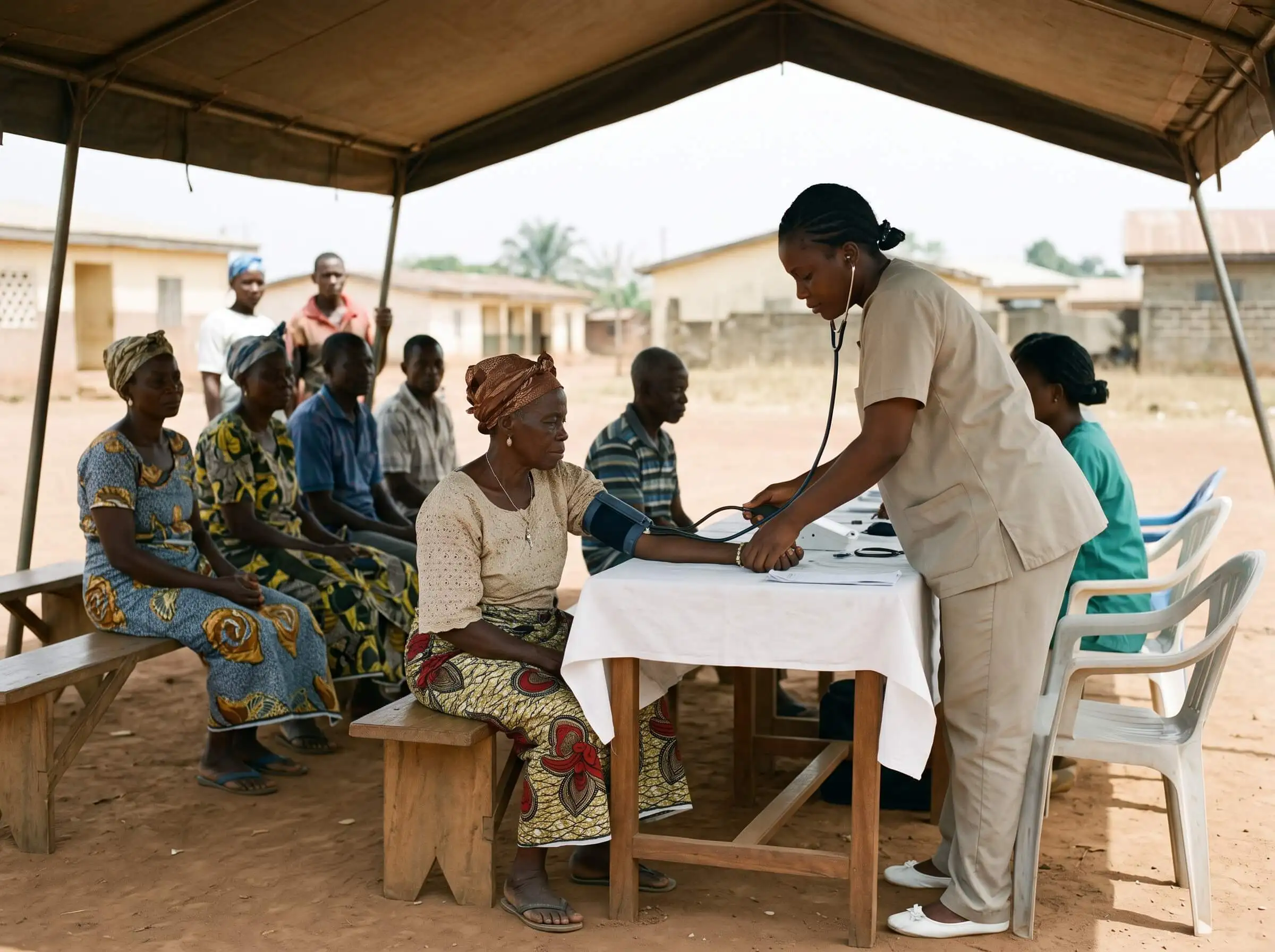 A nurse checking a patient at a free community medical campaign
