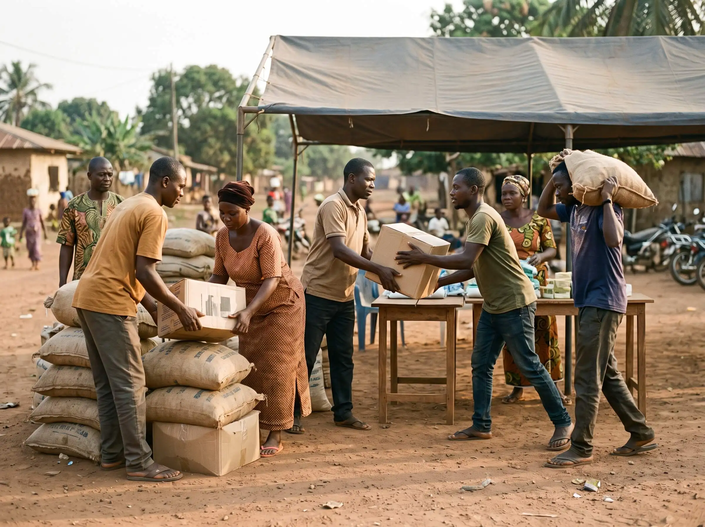Volunteers distributing relief supplies to a community